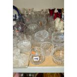 A COLLECTION OF CUT GLASS ETC, to include vases, fruit bowls and drinking glasses, together with a