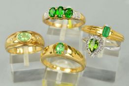 A COLLECTION OF GEM SET 9CT GOLD DRESS RINGS to include a pearl shaped green gem and white