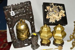 A BELL ON STAND WITH STRIKER, a Shibyama box, a pair of brass Chinese vases and covers, on stands