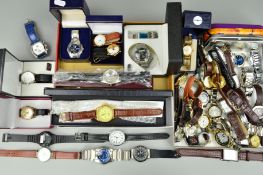 TWO SMALL BOXES OF GENTLEMAN'S WRIST WATCHES to include makes such as Lorus, Philip Mercier, Fossil,