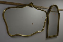 A MODERN GILT FRAMED BEVELLED EDGE OVERMANTLE MIRROR, 124cm x 81cm, together with a similar wall
