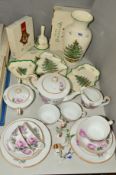 A SMALL COLLECTION OF SPODE 'CHRISTMAS TREE' SERVING DISHES, baluster vase, bell and a cake
