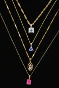 FOUR GEM SET PENDANTS to include a triangular tanzanite pendant, an oval pink tourmaline pendant