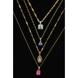 FOUR GEM SET PENDANTS to include a triangular tanzanite pendant, an oval pink tourmaline pendant