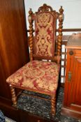 A VICTORIAN WALNUT BARLEY TWIST HALL CHAIR with red and gold foliate upholstery