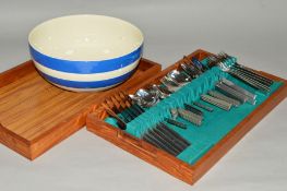 A TEAK CANTEEN OF ARTHUR PRICE STAINLESS STEEL CUTLERY, together with a T G Green Cornish ware