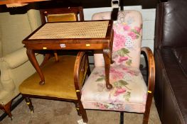 A EDWARDIAN NURSING CHAIR, an oak framed armchair and a stool (3)