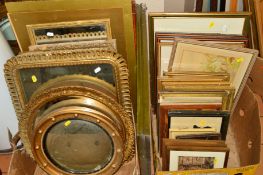 TWO BOXES AND LOOSE PICUTRES, PRINTS AND MIRRORS etc, to include a Sidney Watts watercolour of a
