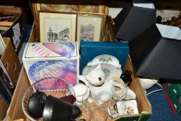 TWO BOXES AND LOOSE SUNDRY ITEMS to include Royal Worcester pin trays, a Bohemian lead crystal fruit