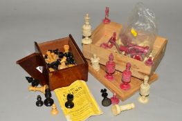 TWO 19TH CENTURY BONE SETS OF CHESS MEN, incomplete and damaged, together with a boxed set of