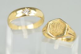 TWO 9CT GOLD RINGS, the first a signet ring, the hexagonal panel with engraved monogram, ring size N