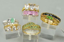 A COLLECTION OF GEM SET 9CT GOLD DRESS RINGS to include a three stone green gem, ring size T 1/2,