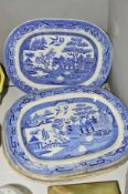 FIVE BLUE AND WHITE 'WILLOW' PATTERN MEAT PLATTERS, four measuring approximately 43cm x 35cm and one