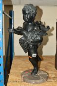 A BRONZE SCULPTURE OF A CHERUB HOLDING A BIRD, mounted on a marble base, approximate height 55cm