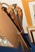 A BUNDLE OF WALKING STICKS, to include carved stick, horses head pommel (sd), etc