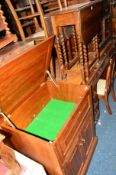 AN OAK BARLEY TWIST DROP LEAF TABLE, a mahogany hi-fi cabinet, a painted dressing table with two