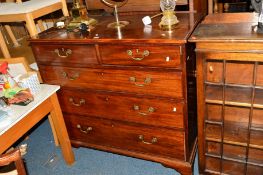 A GEORGIAN MAHOGANY CHEST OF TWO SHORT AND THREE LONG DRAWERS with brass swan neck handles, on