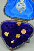 FIVE EARLY 20TH CENTURY GOLD DRESS STUDS AND AN ANTIQUE CASE to include three matching plain dress