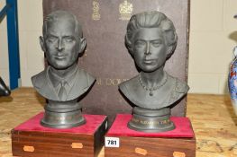 A PAIR ROYAL DOULTON BLACK BASALT ROYAL COMMEMORATIVE BUSTS, of H M Queen Elizabeth II and HRH The
