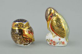 TWO ROYAL CROWN DERBY PAPERWEIGHTS, 'Little Owl', gold stopper and 'Kingfisher', silver stopper (2)