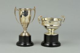 A GEORGE V SILVER TWIN HANDLED TROPHY CUP OF CIRCULAR FORM, 'C' scroll handles, girdle, circular