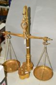 A SET OF BRASS BALANCE SCALES, complete with weights, no obvious makers marking