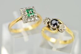 TWO 18CT GOLD GEM SET RINGS, the first designed as a square emerald and diamond cluster ring,