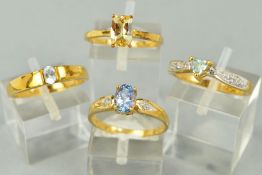 A COLLECTION OF GEM SET 9CT GOLD DRESS RINGS to include a yellow topaz single stone, ring size N 1/