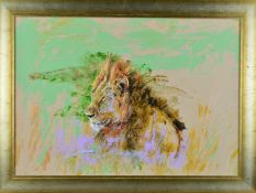 JOHN ANDERSON (BRITISH CONTEMPORARY), A PORTRAIT STUDY OF A MALE LION, signed verso, acrylic on
