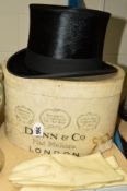 A GENTLEMANS TOP HAT IN A DUNN & CO BOX, approximate size 54cm/21inches, together with a pair of