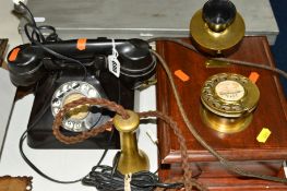 A GEC BAKELITE GECOPHONE TELEPHONE, converted for modern use, with a reproduction wall mounted brass