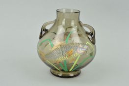 GRAF HARRACH-HARRACHOV (?), twin handled glass vase with applied relief moulded fish, unmarked,