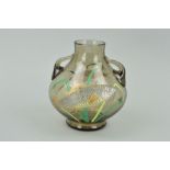 GRAF HARRACH-HARRACHOV (?), twin handled glass vase with applied relief moulded fish, unmarked,