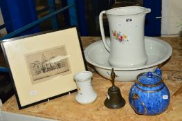 AN ETCHING OF HORSE GUARDS PARADE signed by G Huardel-Bly, a part wash set (sd), blue teapot and