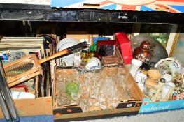 FOUR BOXES AND LOOSE SUNDRY ITEMS, CERAMICS, GLASSWARES etc, to include pictures, records, tennis