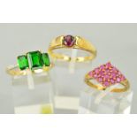 THREE GOLD GEM SET RINGS to include a 9ct gold circular stone garnet ring, ring size U, a 9ct gold