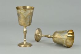 A PAIR OF ELIZABETH II SILVER GOBLETS, engraved band of fruiting vine, knopped baluster stems,