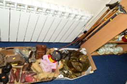TWO BOXES AND LOOSE SUNDRY ITEMS, to include walking sticks, clocks, barometers, pictures,