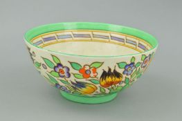 A BURSLEY WARE CHARLOTTE RHEAD FOOTED BOWL, Tulip pattern, printed factory mark to base and