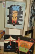 THREE ABSTRACT OIL ON CANVAS PAINTINGS IN THE MANNER OF VICTOR BRAUNER, the largest depicting