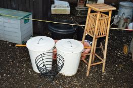 TWO CREAM METAL GARDEN BINS, four plastic compost bins, plastic planter, bamboo plant stand, plant