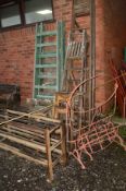 A PAIR OF LARGE WOODEN PAINTED TRESSLE STANDS and four others, five wooden step ladders, wooden