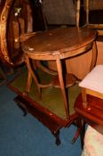 AN EDWARDIAN WALNUT CENTRE TABLE, a mahogany leather topped coffee table and a mahogany drop leaf
