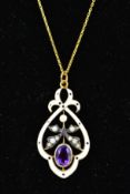 AN AMETHYST, SPLIT PEARL AND ENAMEL PENDANT AND CHAIN designed as an oval amethyst within a collet