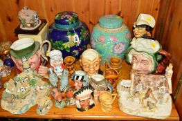 VARIOUS ORNAMENTS, GINGER JARS, CHARACTER JUGS etc, to include Cloisonne ginger jar, approximate