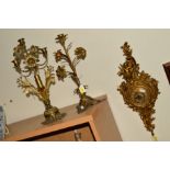 TWO BRASS FLORAL CANDELABRUM, approximate tallest height 41cm, together with a gilt wall clock,