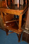 A PAIR OF SQUARE REPRODUCTION OCCASIONAL TABLES on cross framed stretcher