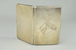 A SILVER CIGARETTE CASE of rectangular outline with engine turned finish and engraved horse's head