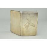 A SILVER CIGARETTE CASE of rectangular outline with engine turned finish and engraved horse's head