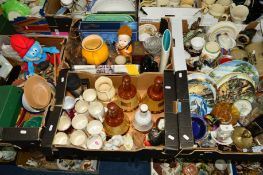 FIVE BOXES OF CERAMICS, GLASS, SUNDRIES etc to include Wade Bells Whisky decanters (empty),